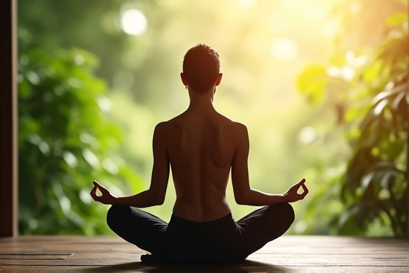 Una persona che medita in una posizione yoga, con un'atmosfera serena e piante verdi sullo sfondo.