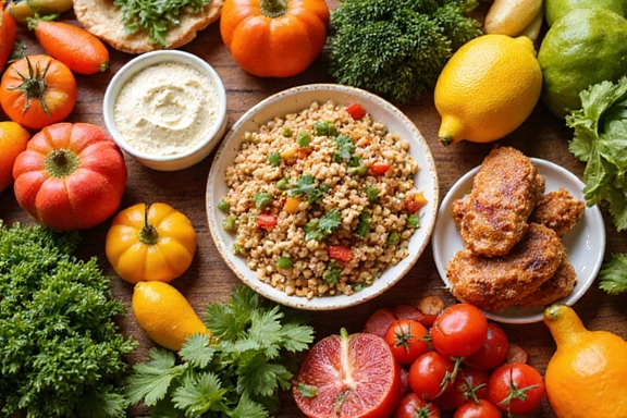 Piatti sani e colorati che rappresentano la varietà e l'abbondanza della nutrizione consapevole.