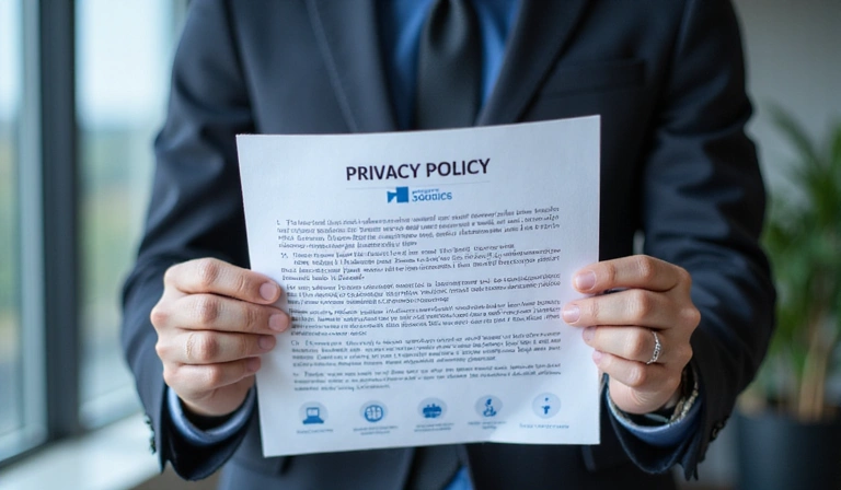 Una persona che legge un documento con icone di privacy e sicurezza