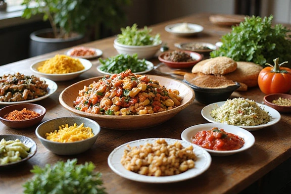 Varie ricette sane e colorate su un tavolo da cucina, con ingredienti freschi.